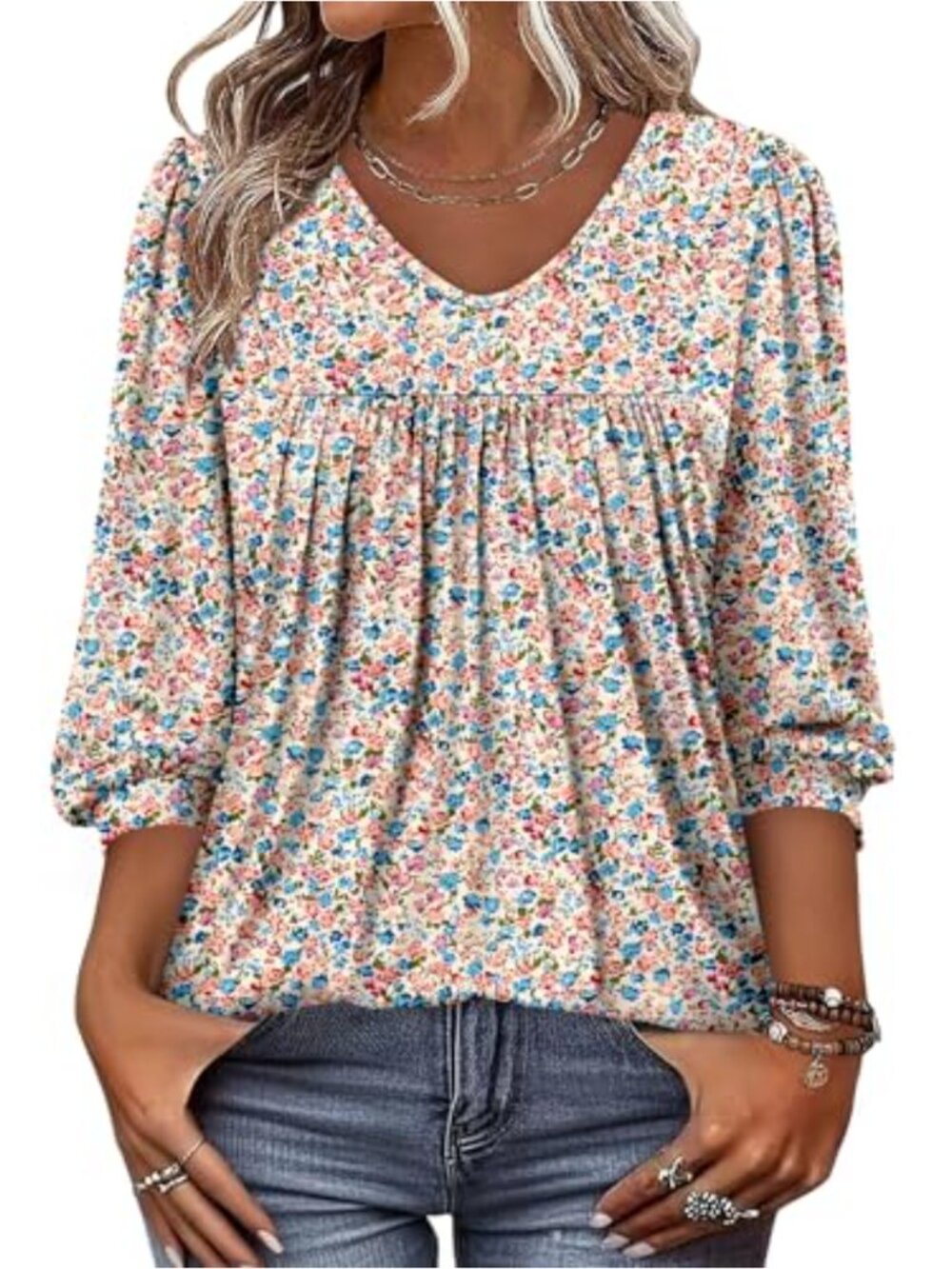 Women's Puff 3/4 Sleeve V Neck Pleated Tunic Top Casual Loose Blouse